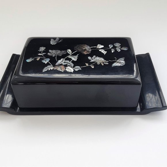 VTG Chinese Cigarette Box Black Lacquer Mother of Pearl Inlay 36 Cigarette - Picture 5 of 9